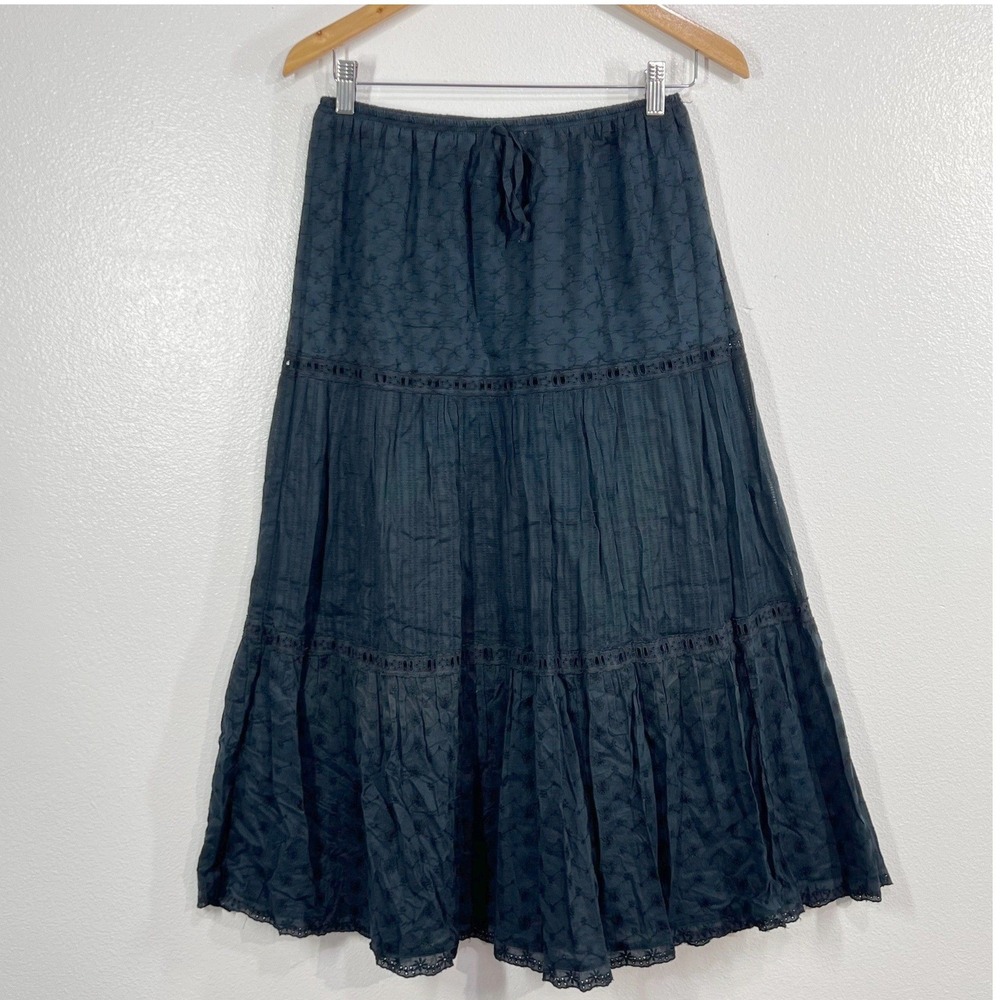 St. John's Bay Vintage Tiered Eyelet Midi Skirt Women's PS Petite Washed Black